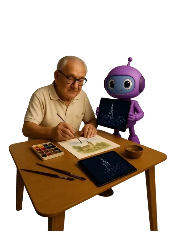 Ein älterer Mann zeichnet an einem Tisch, während ein Roboter mit einem Tablet neben ihm steht.