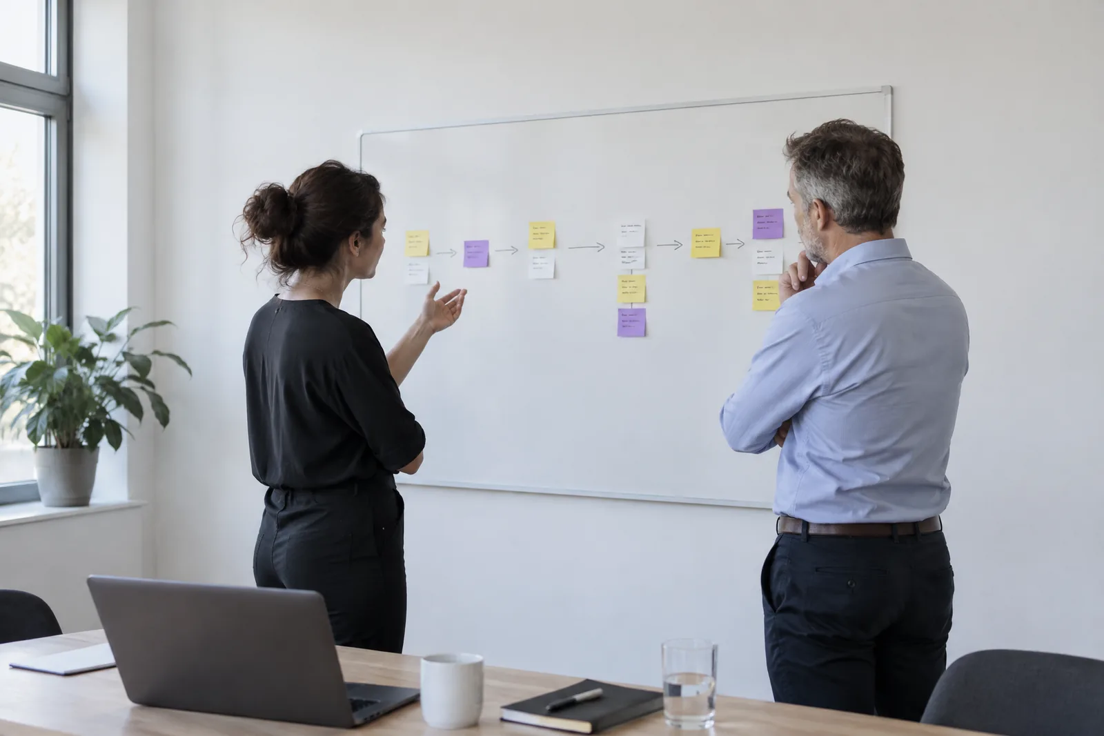 Eine Beraterin und ein Geschäftsführer, von hinten zu sehen, stehen vor einem Whiteboard, auf dem gelbe, weiße und violette Haftzettel als Ablauf mit Pfeilen angeordnet sind, und besprechen den Prozess.