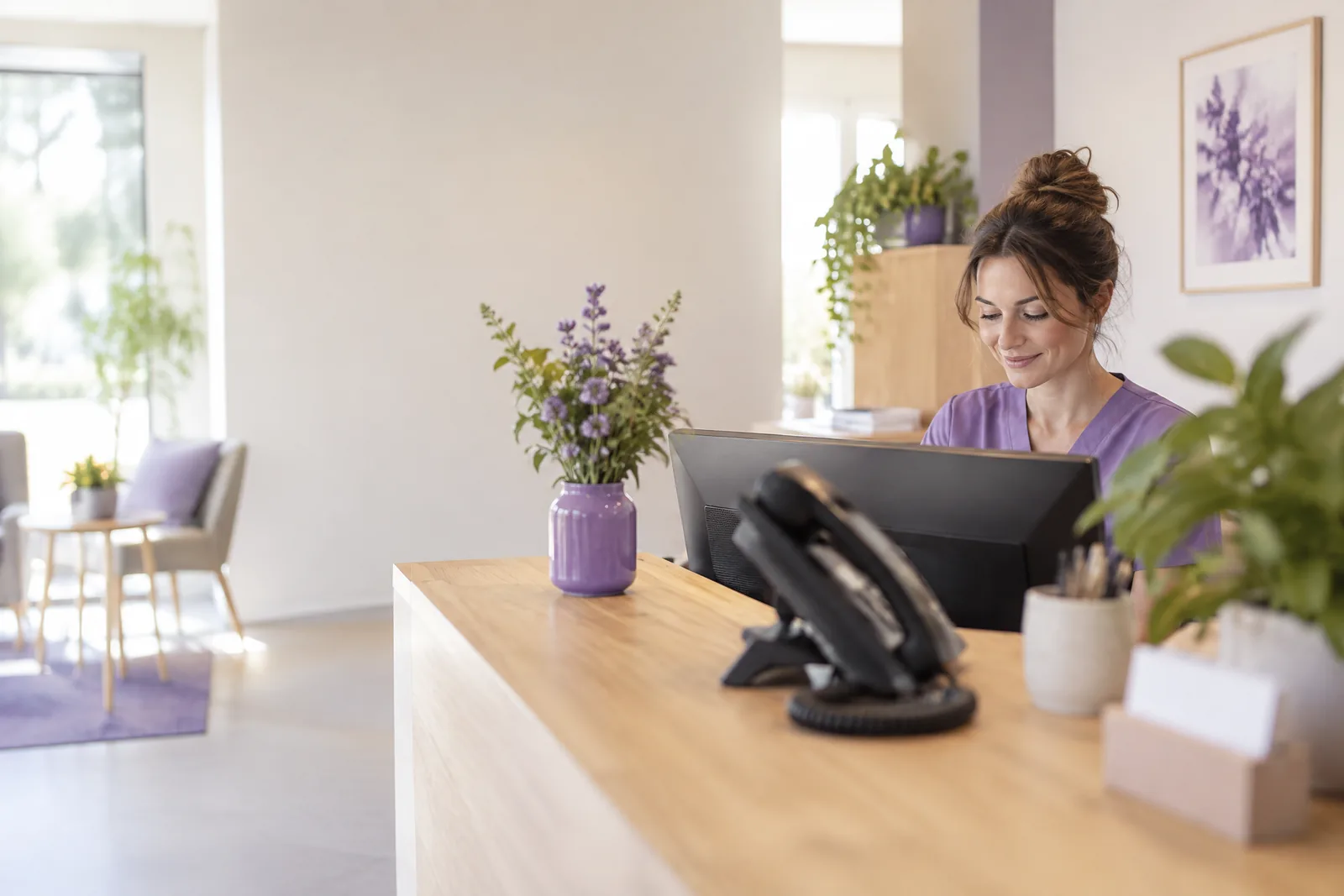 Ruhige Praxis-Rezeption: Eine Mitarbeiterin in violetter Dienstkleidung arbeitet lächelnd am Monitor, im Vordergrund steht unscharf ein Tischtelefon neben einer Vase mit Blumen.