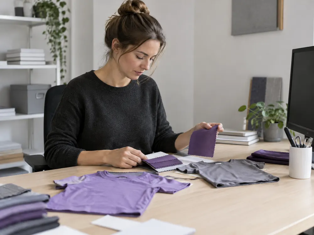 Mitarbeiterin vergleicht am Schreibtisch Stoffmuster und Probe-Shirts.