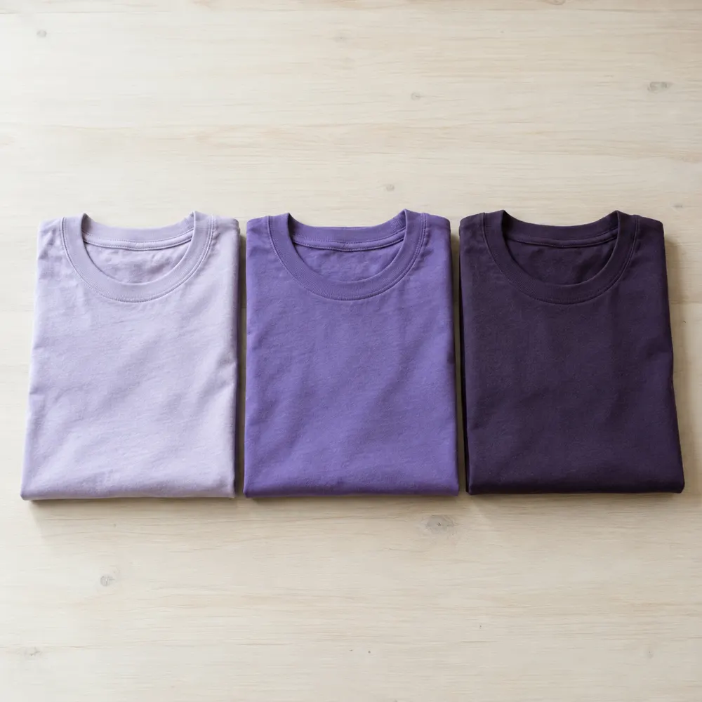 Drei gefaltete T-Shirts in hellem, mittlerem und dunklem Violett auf einem hellen Tisch.