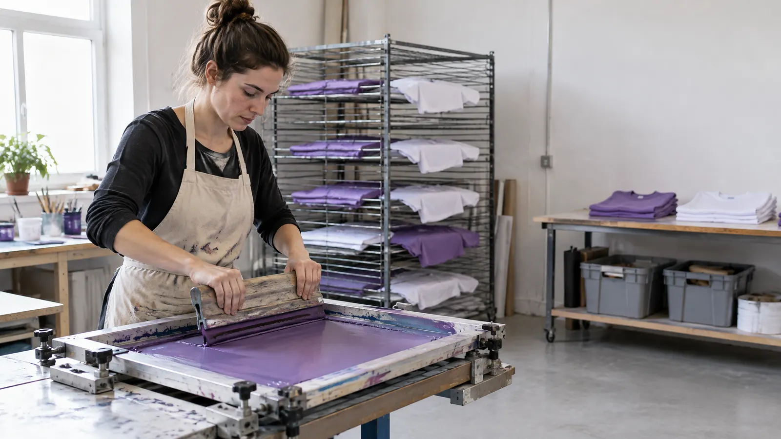 Mitarbeiterin zieht in einer kleinen Textildruckerei Farbe über ein Siebdruck-Sieb, dahinter ein Trockengestell mit Shirts.