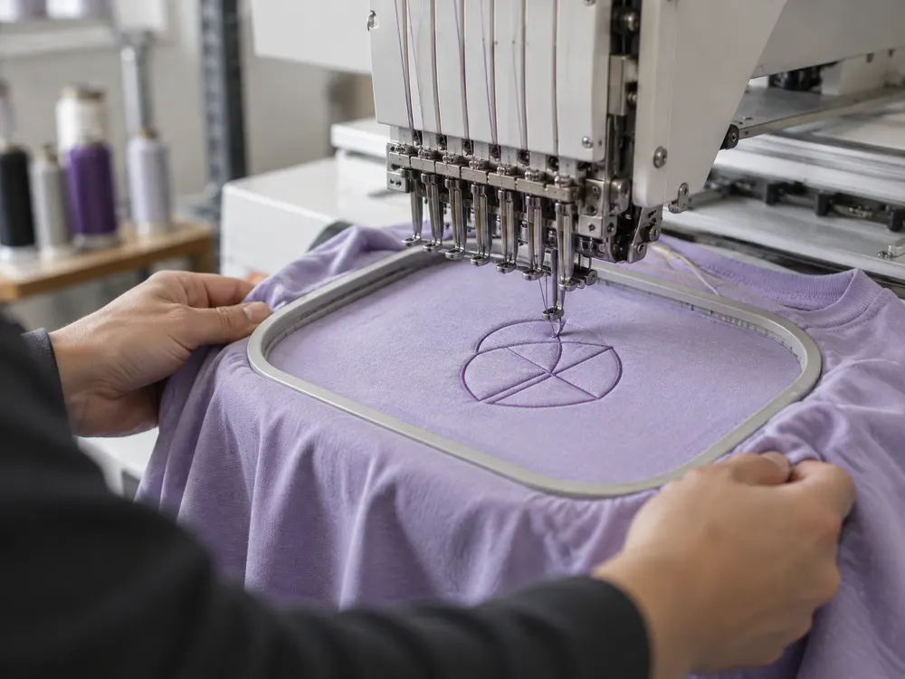 Stickmaschine näht ein geometrisches Zeichen auf ein Shirt, zwei Hände halten den Stoff.