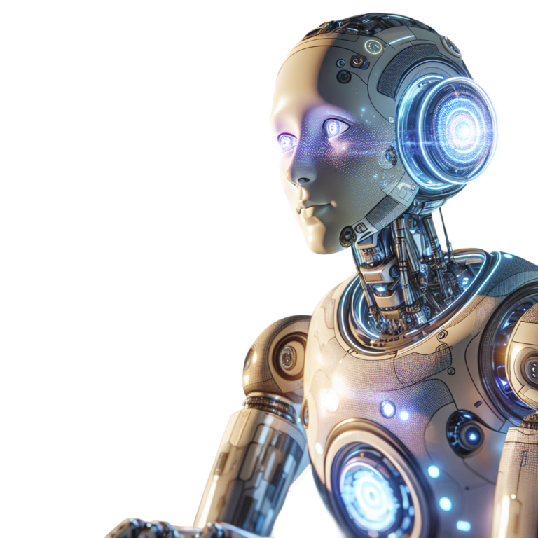Ein humanoider Roboter mit leuchtenden Augen und einem komplexen mechanischen Körperdesign.