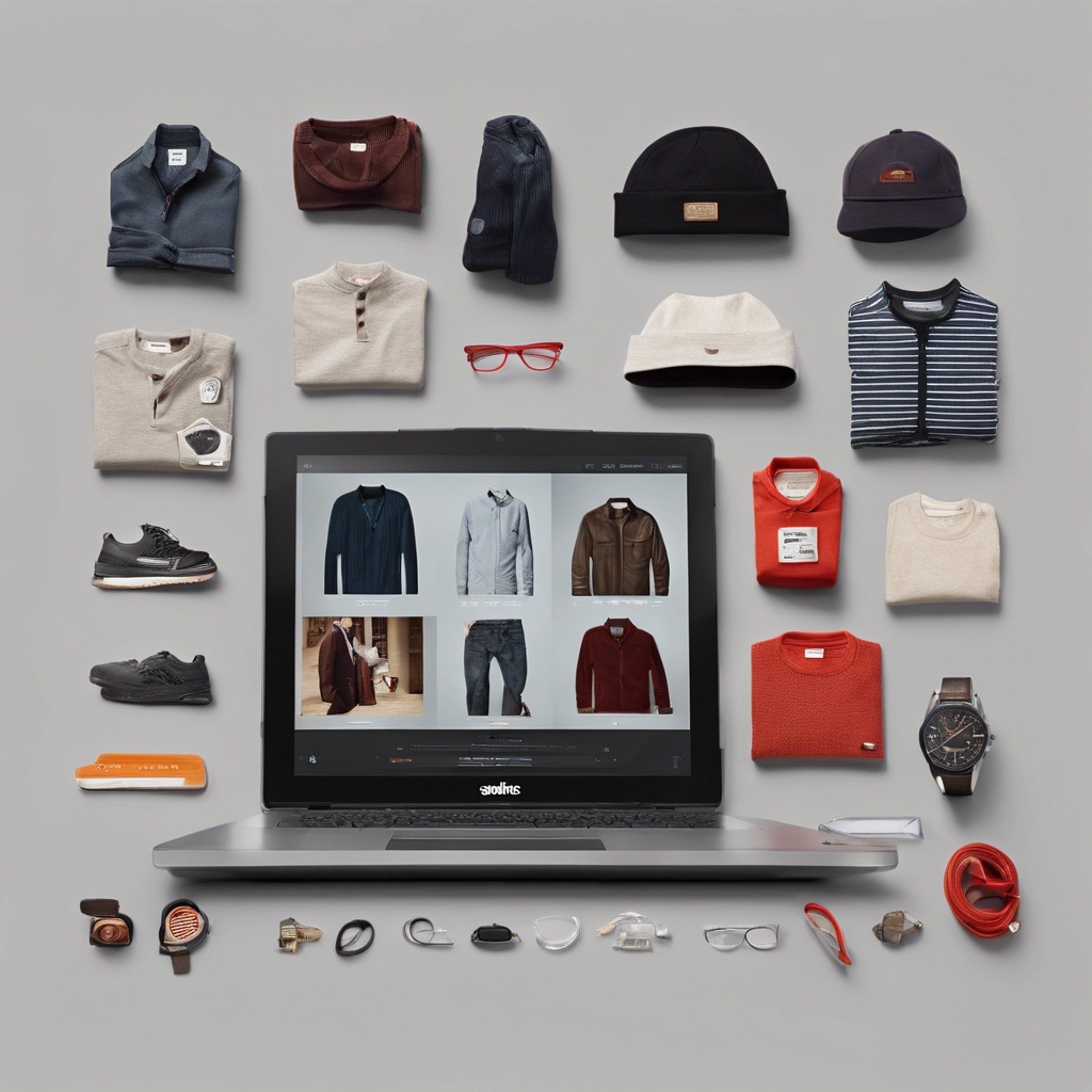 Anordnung von Kleidung, Accessoires und einem Laptop auf einem grauen Hintergrund.