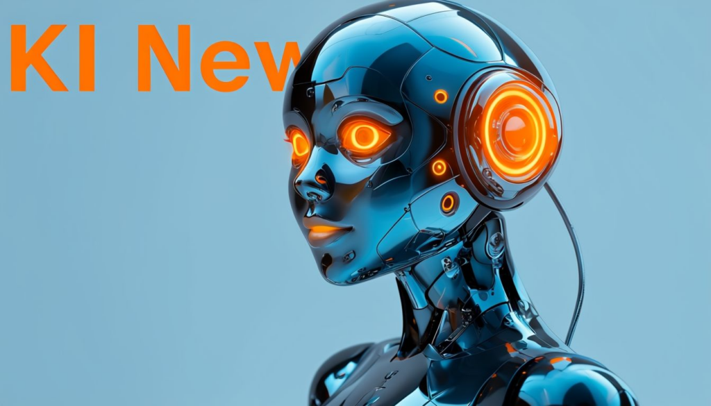 Futuristischer weiblicher Roboter mit leuchtenden Augen und Kopfhörern in reflektierender Oberfläche.