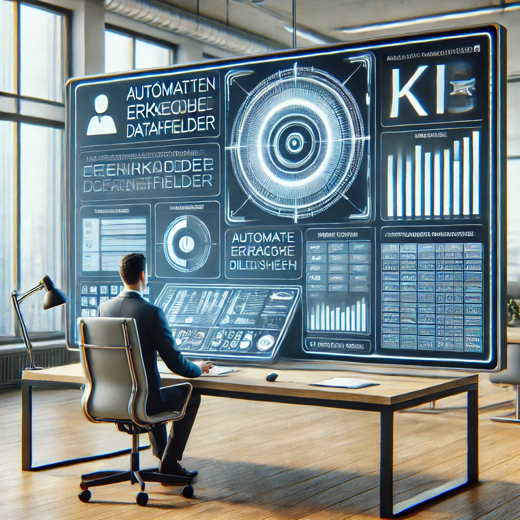 Mann sitzt an einem Tisch vor einem großen interaktiven Bildschirm mit Datenanalysen und Grafiken.