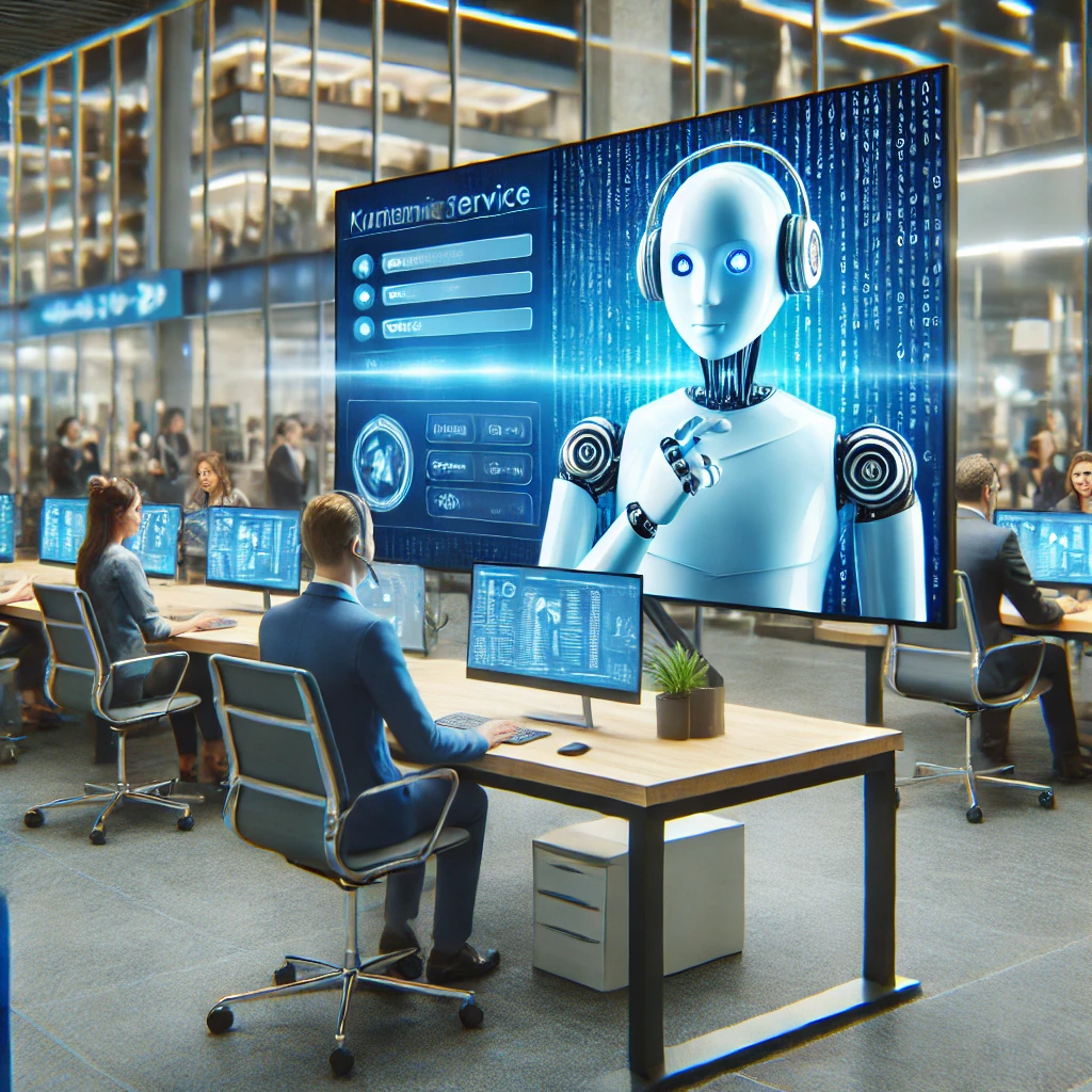 Ein humanoider Roboter mit Kopfhörern und Bildschirm im Hintergrund, der Kundenservice darstellt.