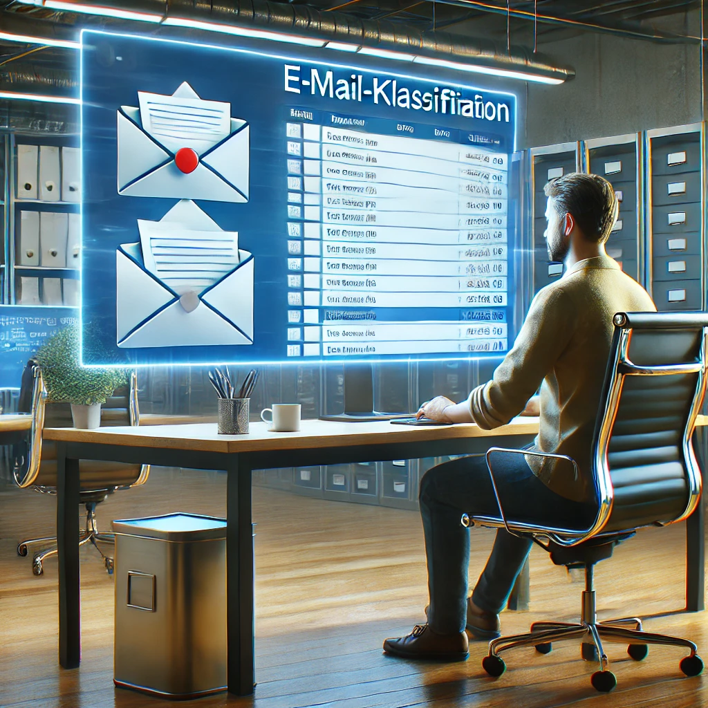 Person sitzt an einem Schreibtisch und betrachtet eine digitale E-Mail-Klassifizierungsoberfläche.