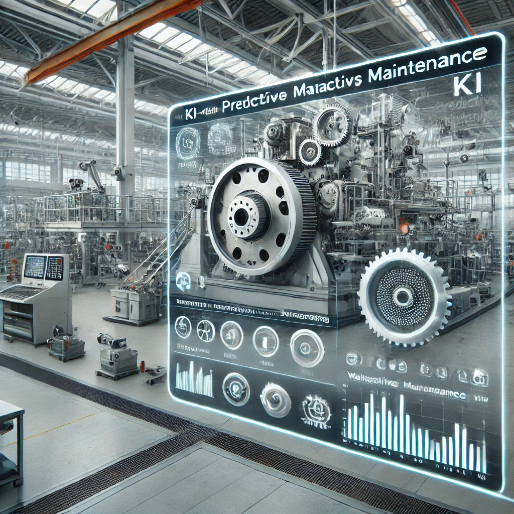Industrielle Maschinen mit grafischer Darstellung von Predictive Maintenance in einer Fabrikhalle.