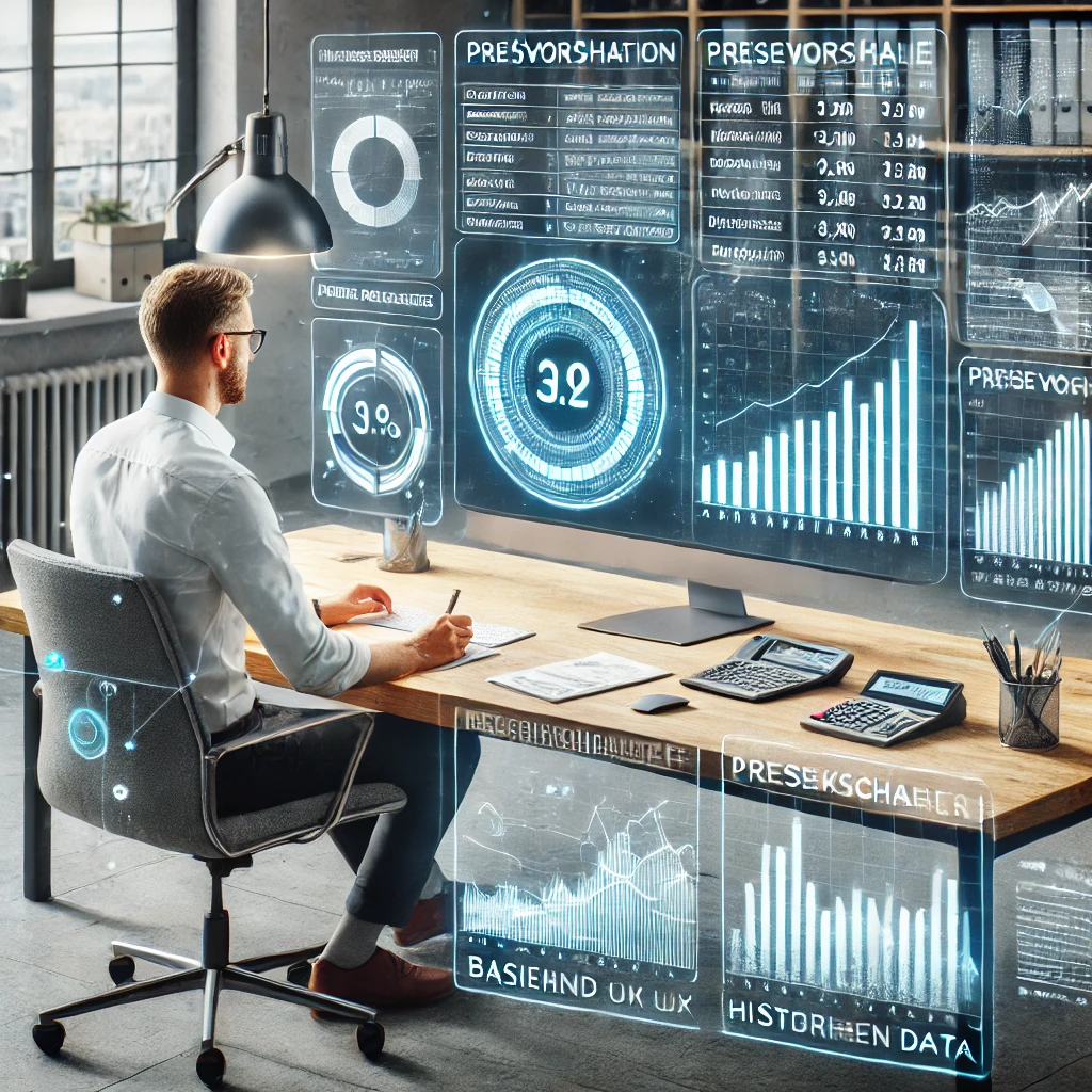 Mann sitzt an einem Schreibtisch und betrachtet digitale Datenanzeigen auf einem Bildschirm.