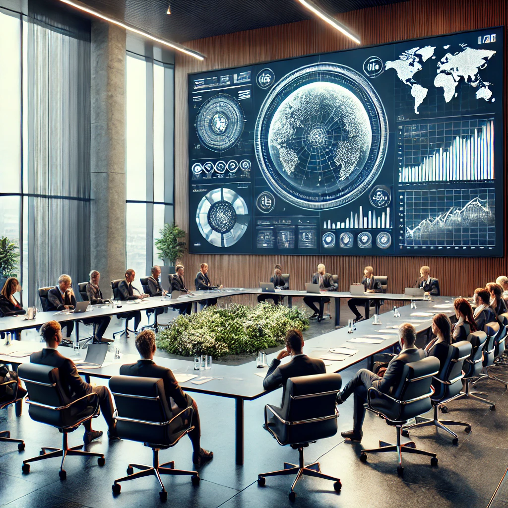 Ein Konferenzraum mit einem großen Bildschirm, der Datenvisualisierungen und eine Weltkarte zeigt.