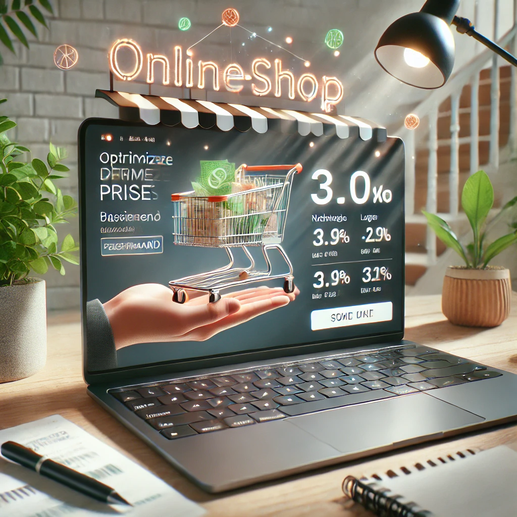 Laptop mit einer grafischen Darstellung eines Online-Shops und einem Einkaufswagen auf dem Bildschirm.