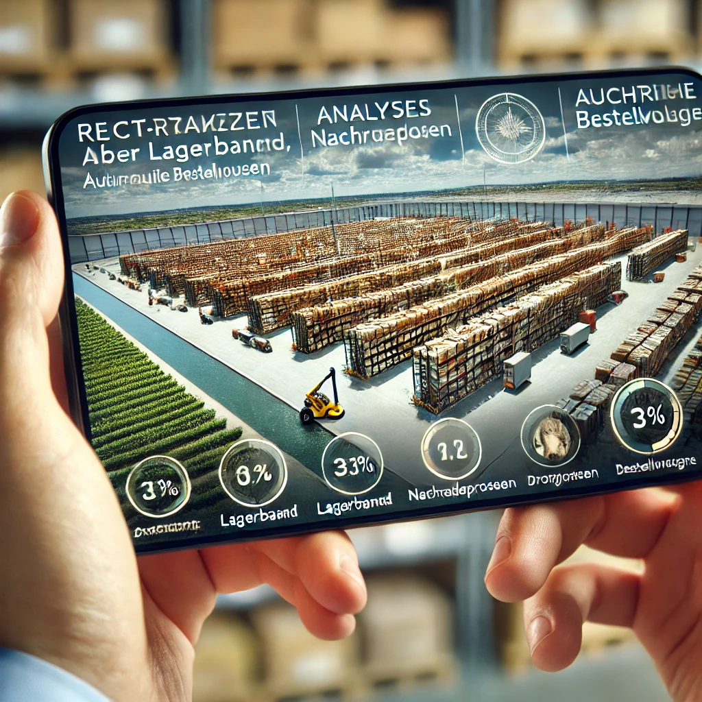 Smartphone zeigt eine Lageranalyse-Anwendung mit Grafiken und Lagerregalen im Hintergrund.
