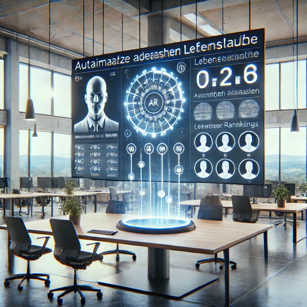 Interaktive Anzeige mit AR-Daten und Lebensstatistiken in einem modernen Büro.