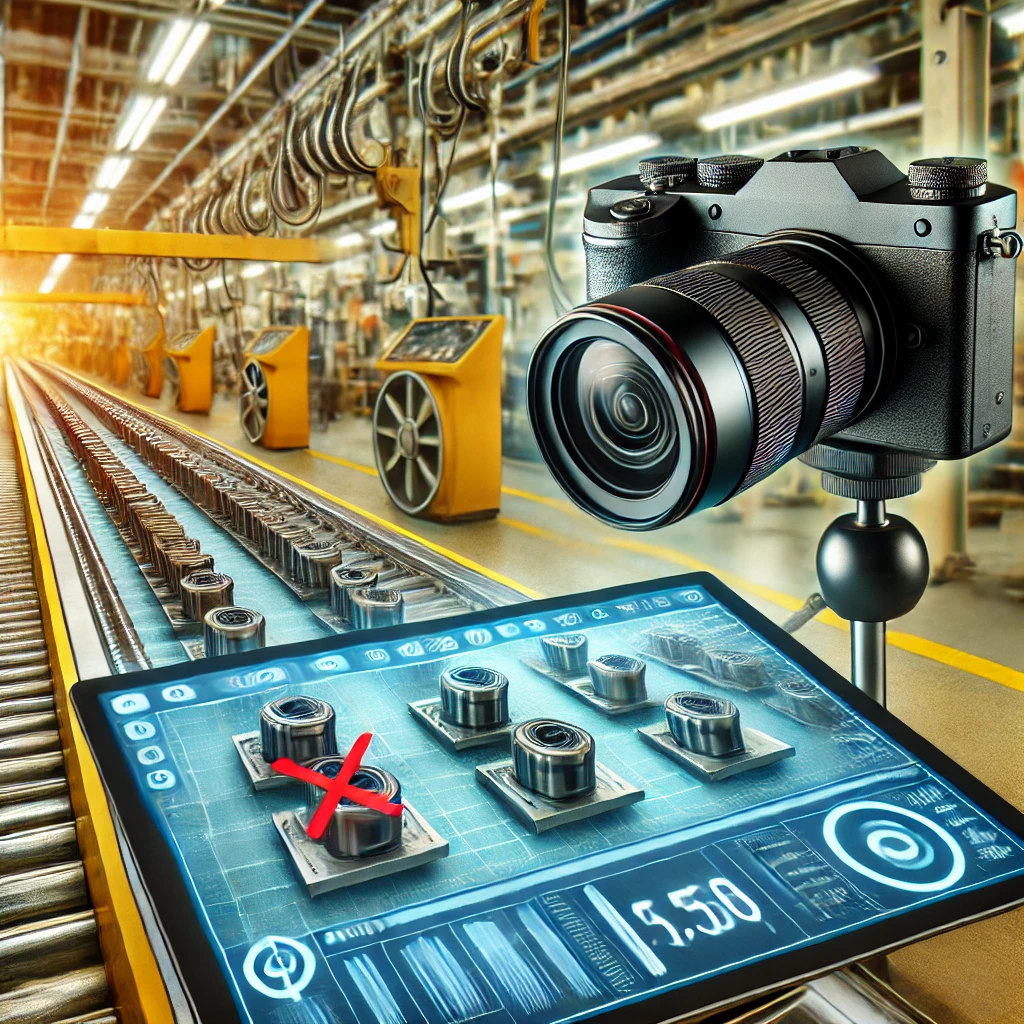 Digitale Kamera auf einem Stativ mit einem Tablet, das Produktionsdaten anzeigt, auf einem Förderband.