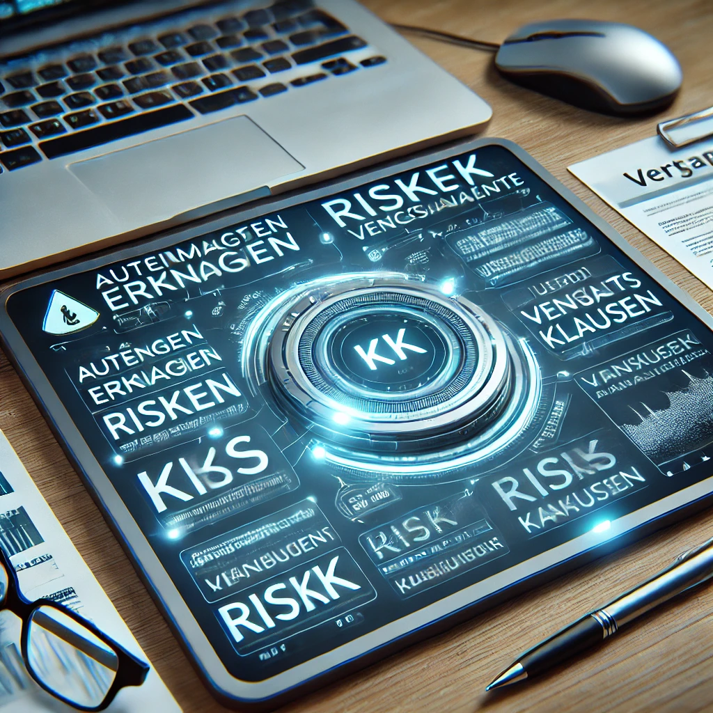 Grafik mit verschiedenen Begriffen zur Risikoanalyse auf einem Schreibtisch mit Laptop.