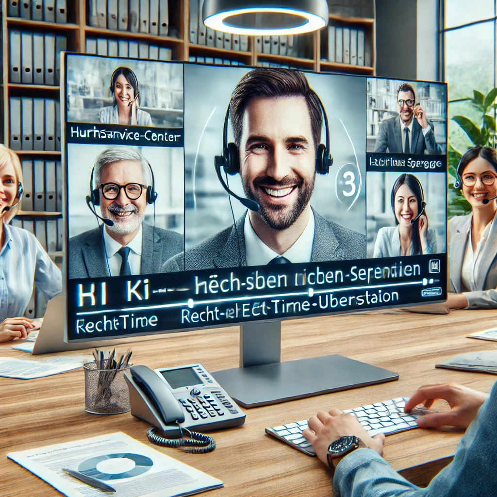 Personen in einer Videokonferenz auf einem großen Monitor mit mehreren Teilnehmern und einem lächelnden Moderator.
