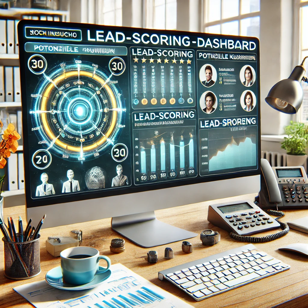 Ein Computerbildschirm zeigt ein Lead-Scoring-Dashboard mit Grafiken und Statistiken.