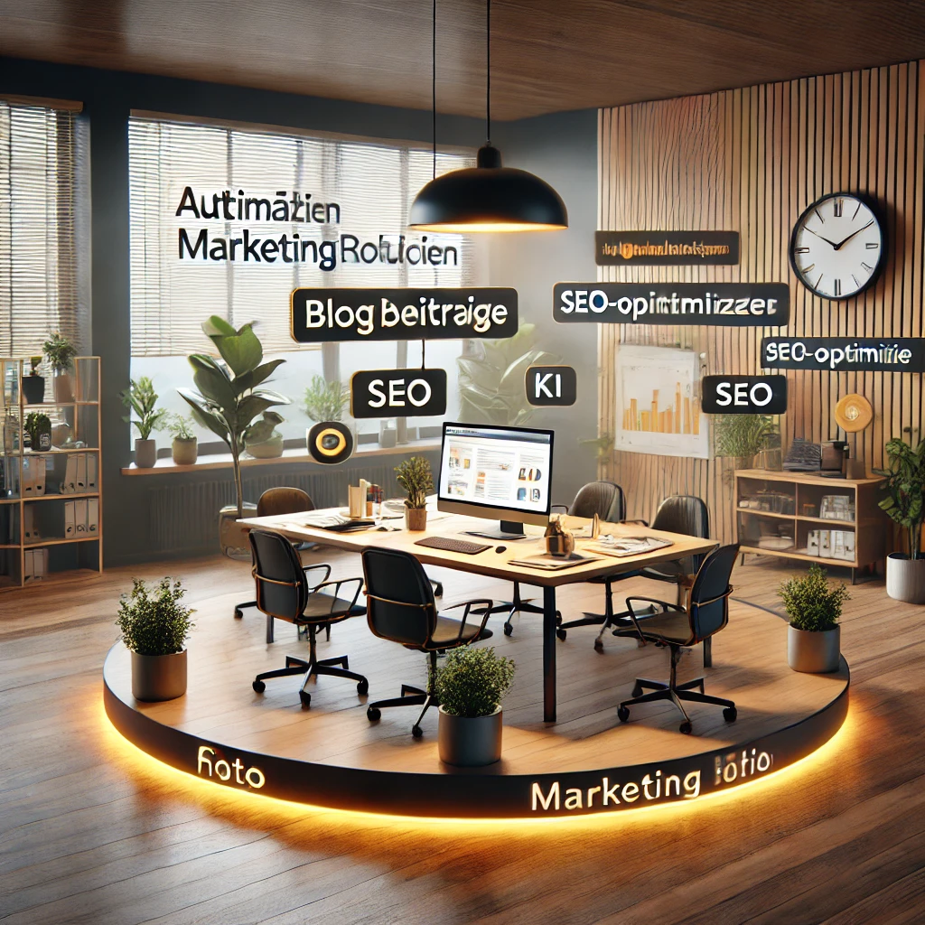 Ein modernes Büro mit einem großen Tisch, Stühlen und Pflanzen in einem hellen Raum.