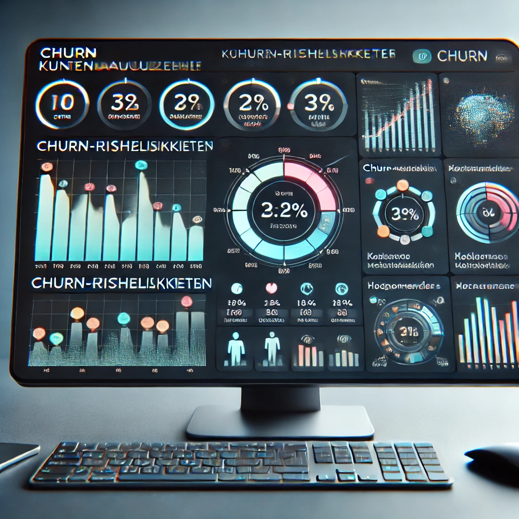 Ein Computerbildschirm mit verschiedenen Diagrammen und Statistiken zur Churn-Analyse in einem modernen Design.