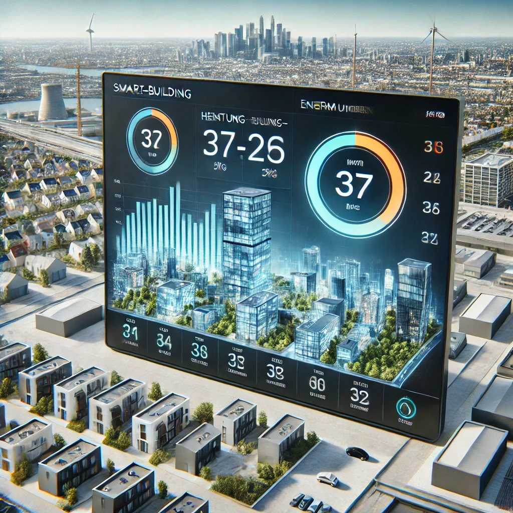 Digitales Dashboard eines Smart Buildings mit Temperatur- und Energieverbrauchsdaten.