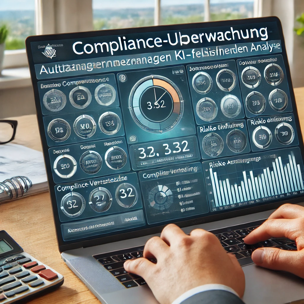 Laptop mit Compliance-Überwachungs-Dashboard und verschiedenen Analyse-Kennzahlen auf dem Bildschirm.