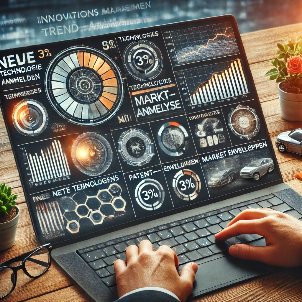 Laptop mit grafischen Darstellungen von Marktanalysen und Technologien auf dem Bildschirm.