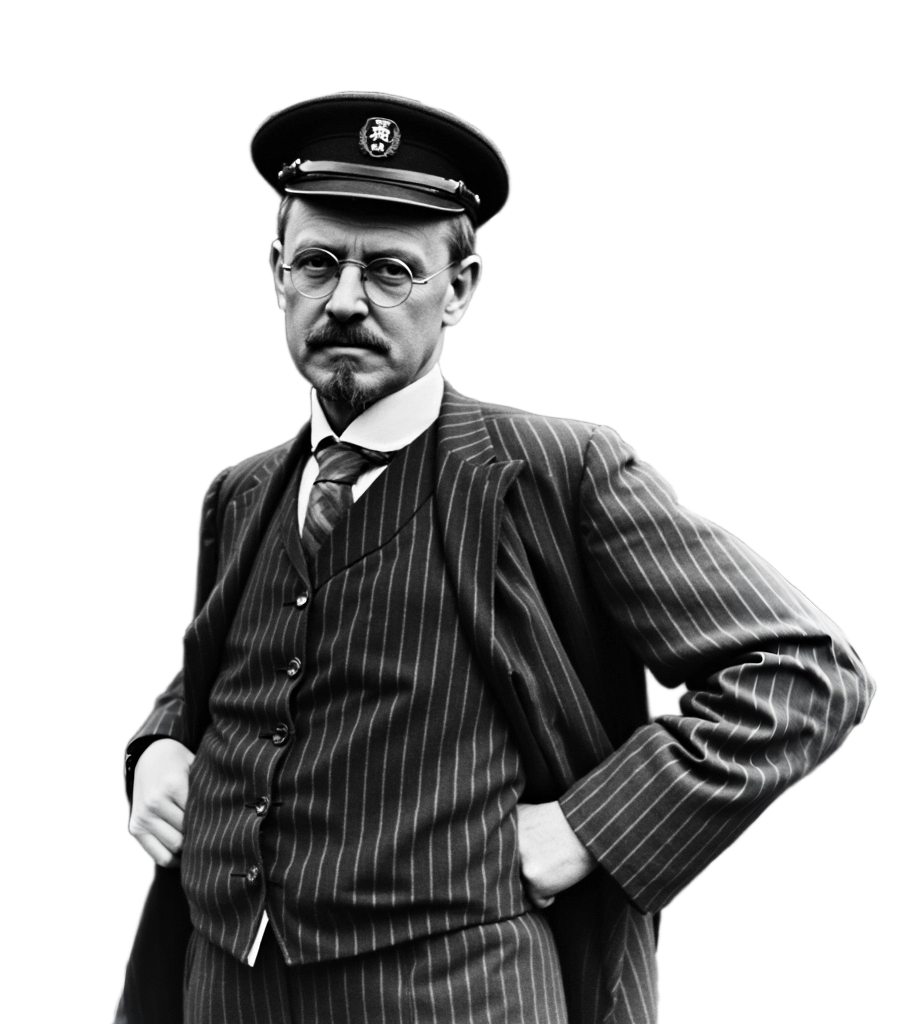 Schwarz-weißes Porträt von August Horch in Anzug und Mütze, mit einem ernsten Gesichtsausdruck.