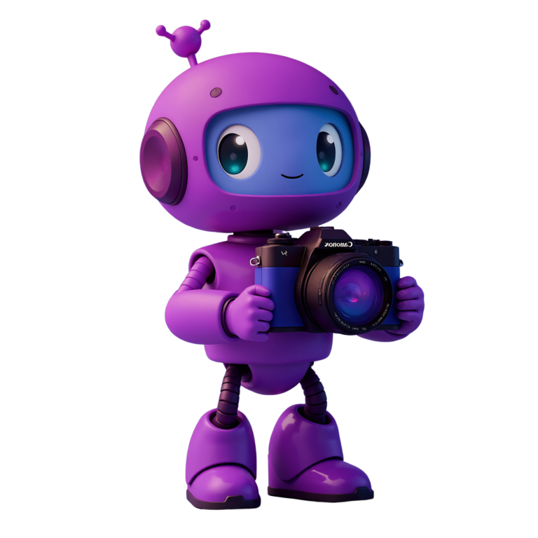 Ein lila Roboter mit großen Augen hält eine Kamera in den Händen.