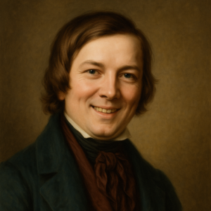 Porträt eines Mannes mit lockigem Haar und einem lächelnden Gesicht in einem Anzug aus dem 19. Jahrhundert.