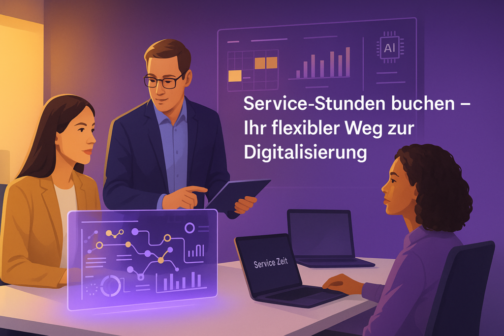 Drei Geschäftsleute, die an einem Tisch mit Laptops und Grafiken zur Digitalisierung arbeiten.