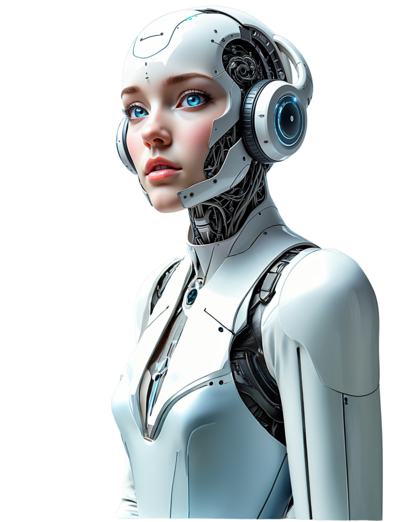 Humanoider Roboter mit blauen Augen und futuristischem Design, ausgestattet mit Kopfhörern.