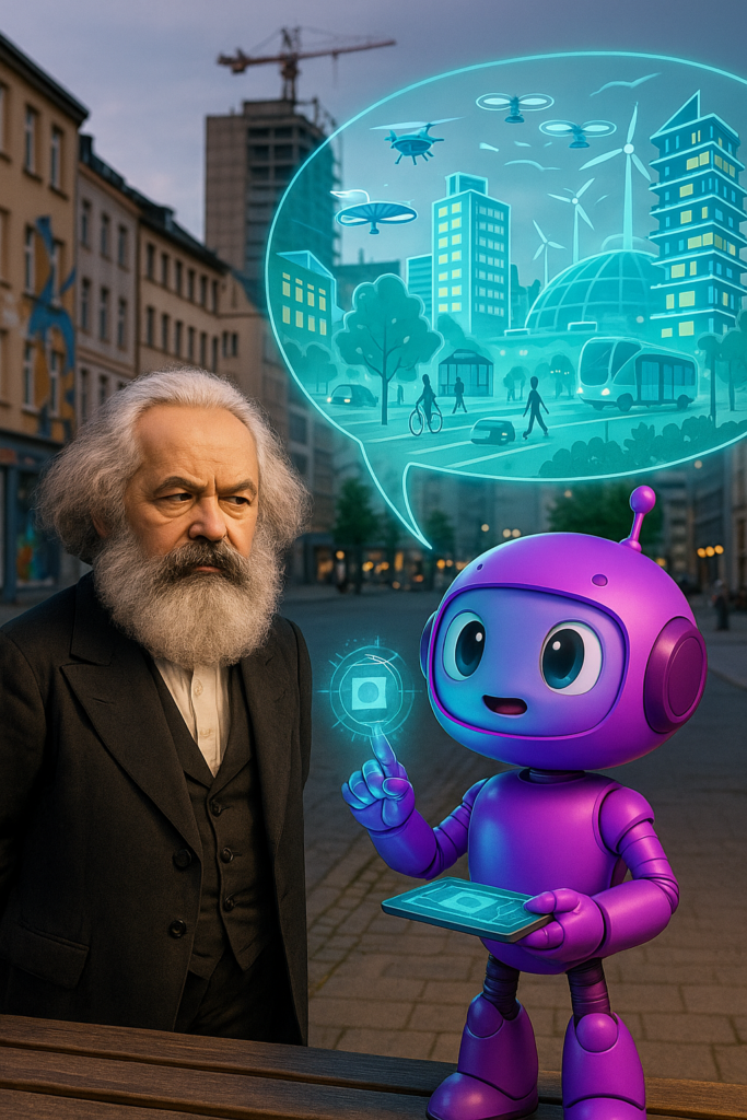 Ein Roboter hält ein Tablet und spricht mit einer Darstellung von Karl Marx in einer urbanen Umgebung.