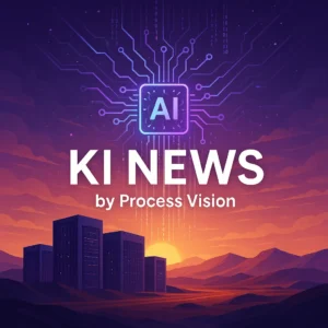 Grafik mit dem Text 'KI NEWS' und einem symbolischen Hintergrund mit einem Chip und Bergen.