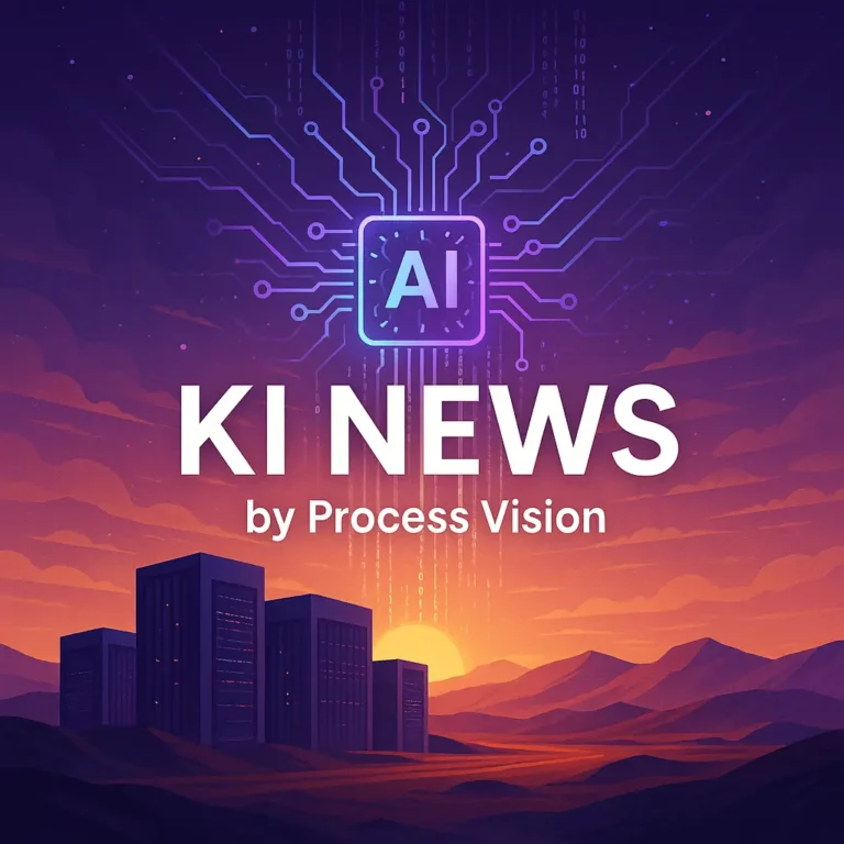 Grafik mit dem Text 'KI NEWS' und einem symbolischen Hintergrund mit einem Chip und Bergen.