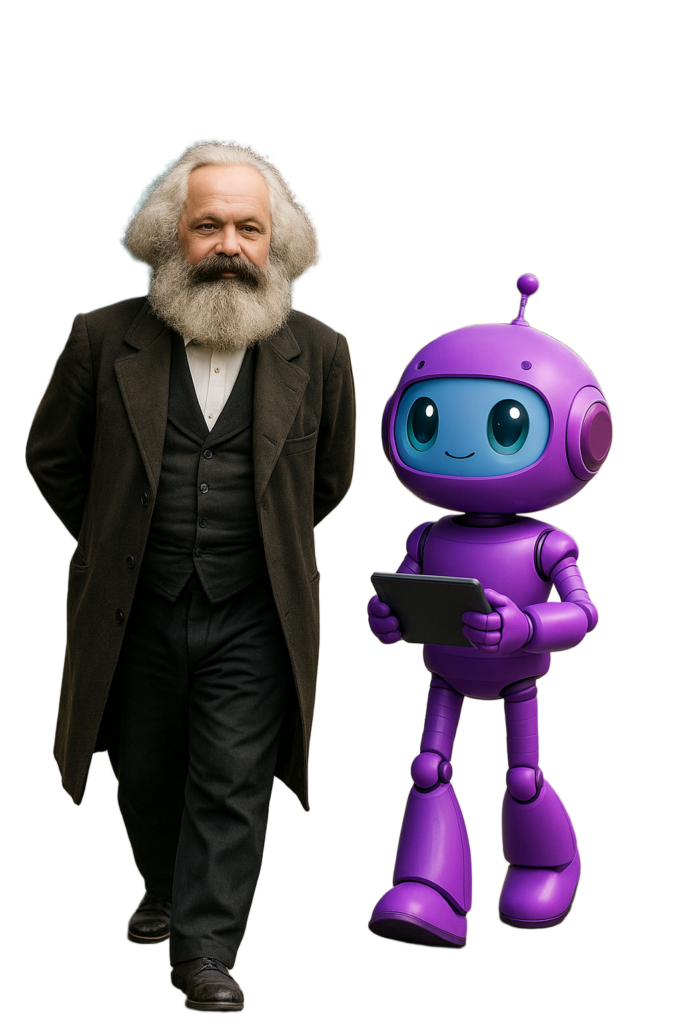 Karl Marx in einem schwarzen Anzug geht neben einem lila Roboter mit einem Tablet.