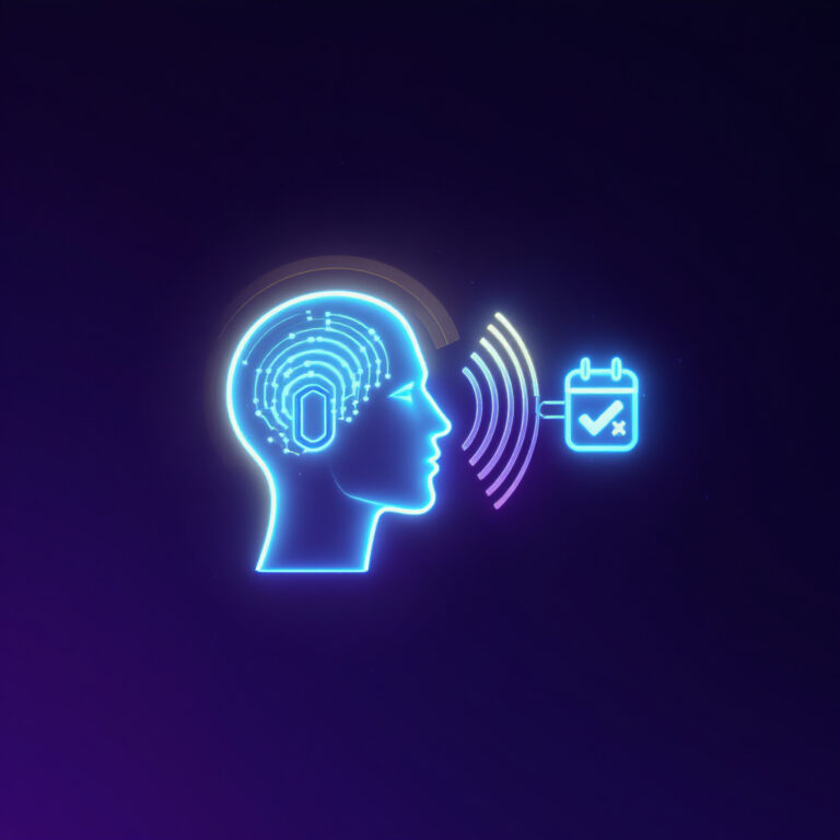 Neon-Illustration eines menschlichen Kopfes mit digitalem Gehirn und einem Kalender-Symbol.