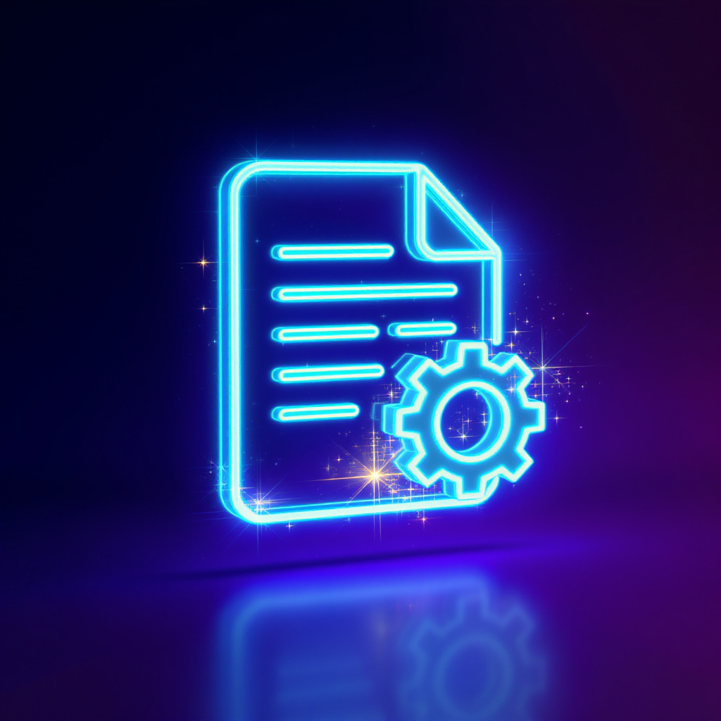 Neon-Symbol eines Dokuments mit einem Zahnradsymbol, das technische Aspekte darstellt.