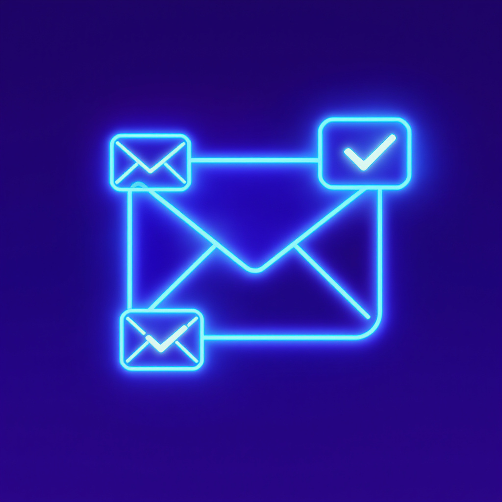 Neon-Symbol, das eine E-Mail mit zwei weiteren E-Mail-Symbolen und einem Häkchen darstellt.