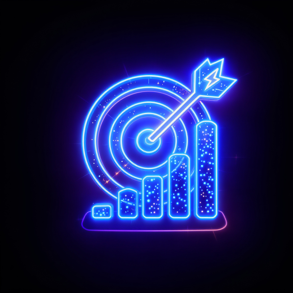 Neon Grafik eines Zielscheiben mit einem Pfeil, der auf das Zentrum zeigt, und einem Balkendiagramm im Hintergrund.
