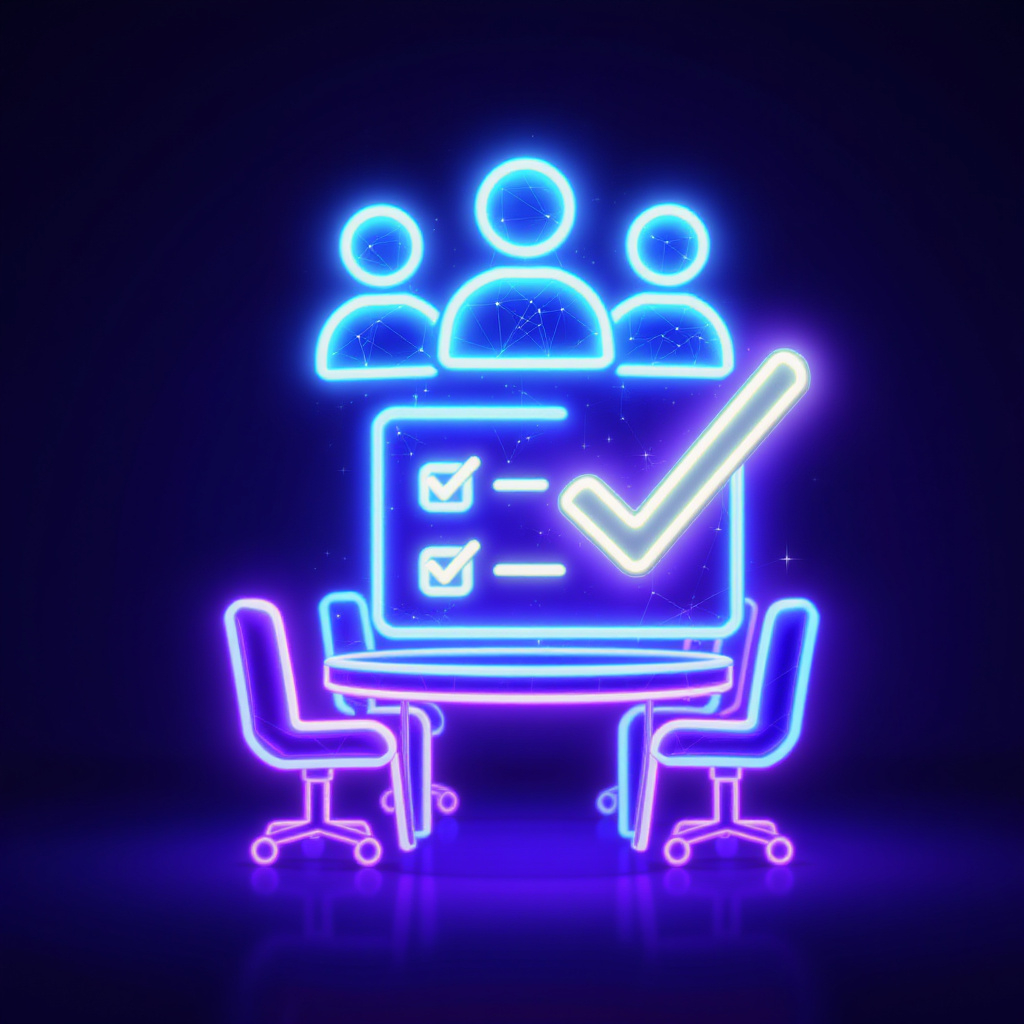 Neon-Illustration eines Besprechungstisches mit drei stilisierten Personen und einer Checkliste mit einem Häkchen.