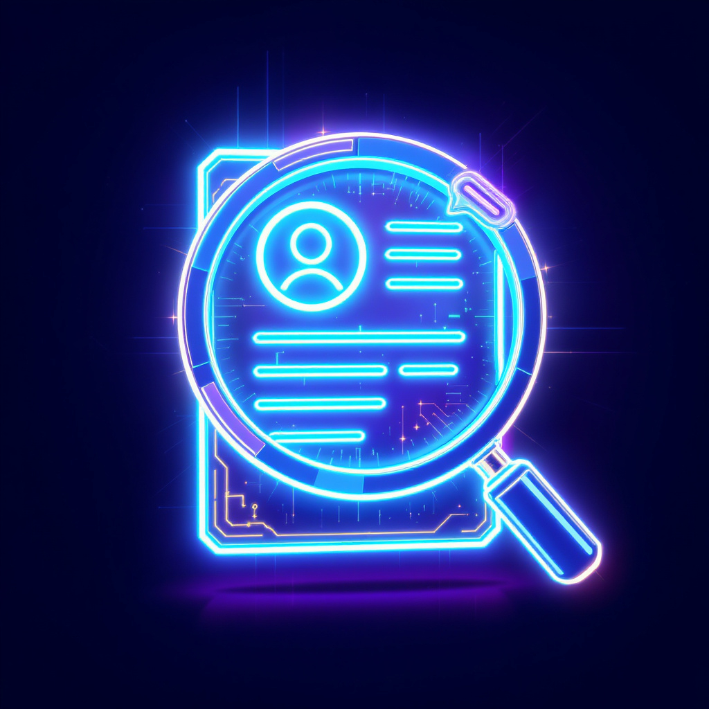 Neon-Symbol eines Lebenslaufs mit einer Lupe, auf dunklem Hintergrund.