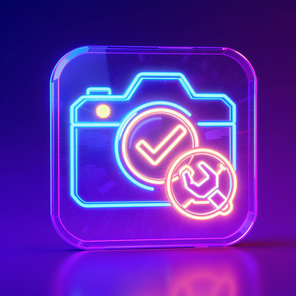 Neon-Symbol einer Kamera mit einem Häkchen und einem Werkzeug in leuchtenden Farben.