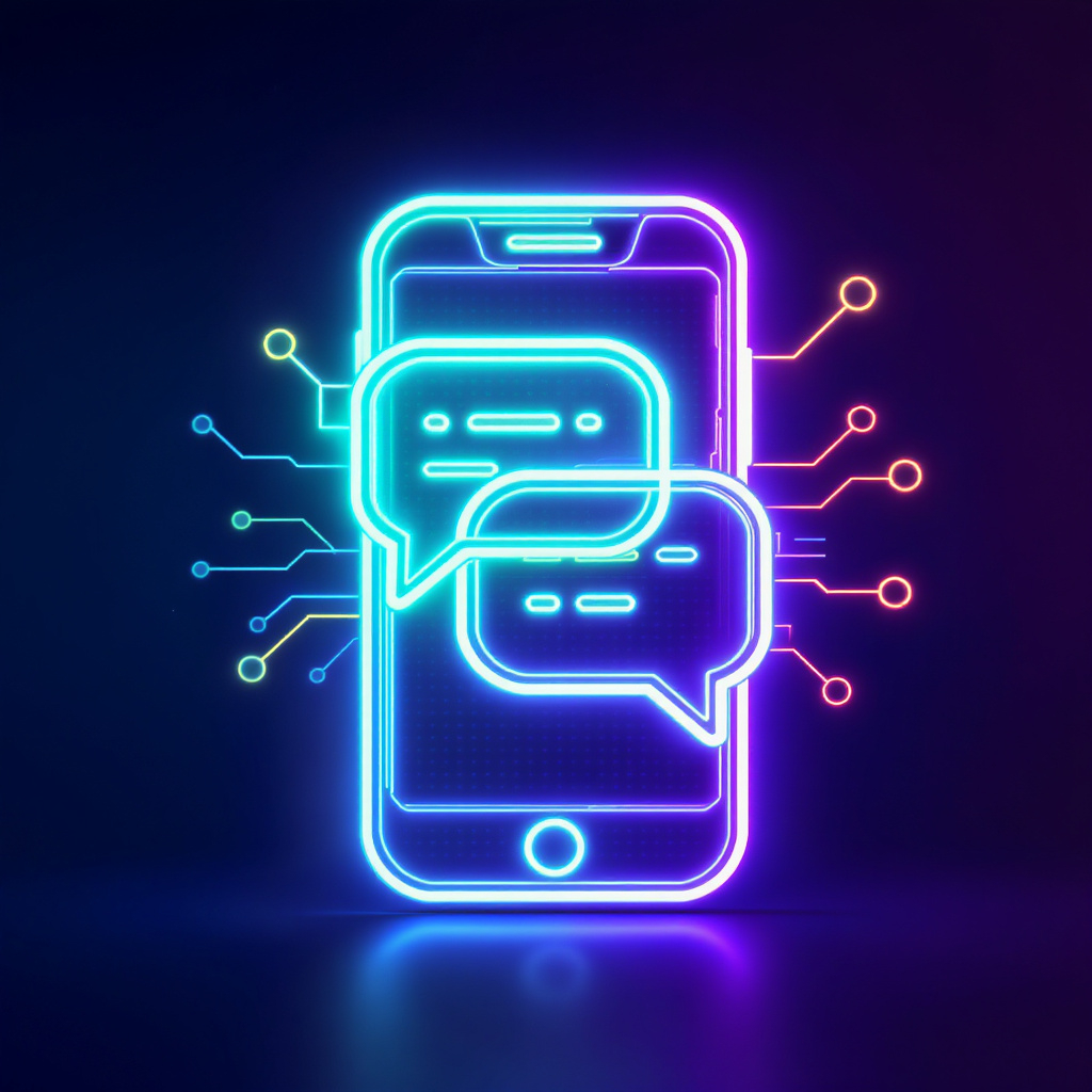Neon-Darstellung eines Smartphones mit zwei Chat-Symbolen und digitalen Verbindungen.