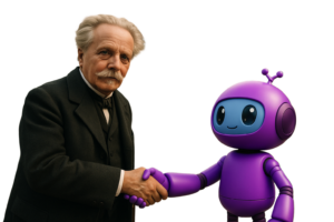 Ein älterer Mann mit grauem Bart schüttelt einem lila Roboter die Hand.