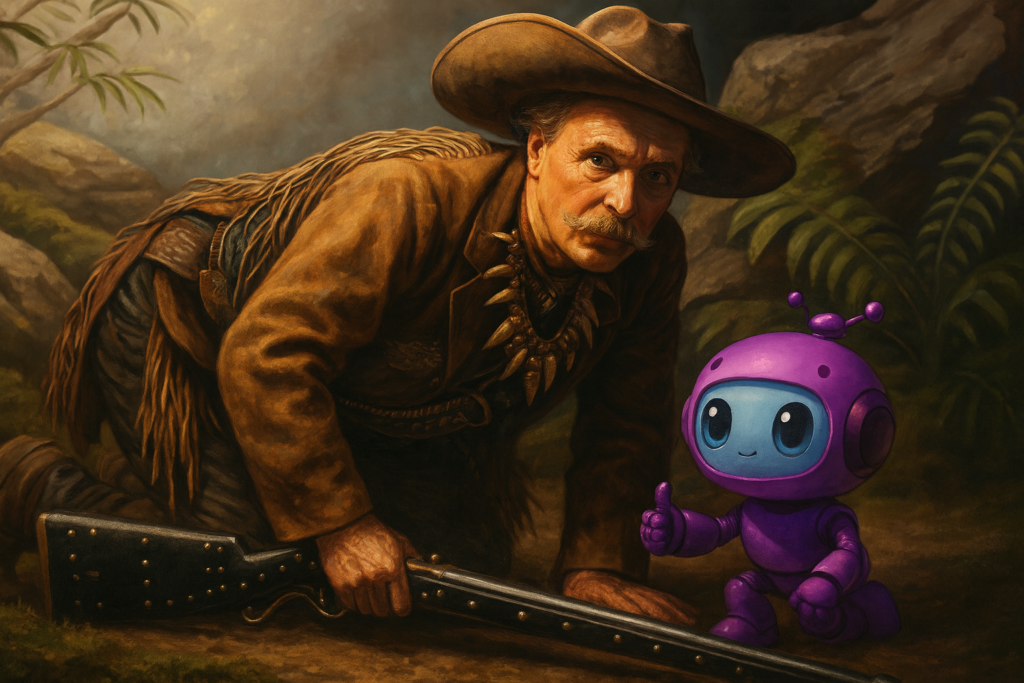 Ein Mann in einem Cowboy-Outfit mit einem Gewehr und einer kleinen lila Roboterfigur, die einen Daumen hoch zeigt.