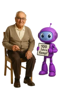 Älterer Mann sitzt auf einem Stuhl neben einem Roboter, der ein Schild mit '100 Jahre Kempf' hält.