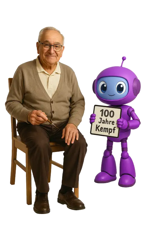 Älterer Mann sitzt auf einem Stuhl neben einem Roboter, der ein Schild mit '100 Jahre Kempf' hält.