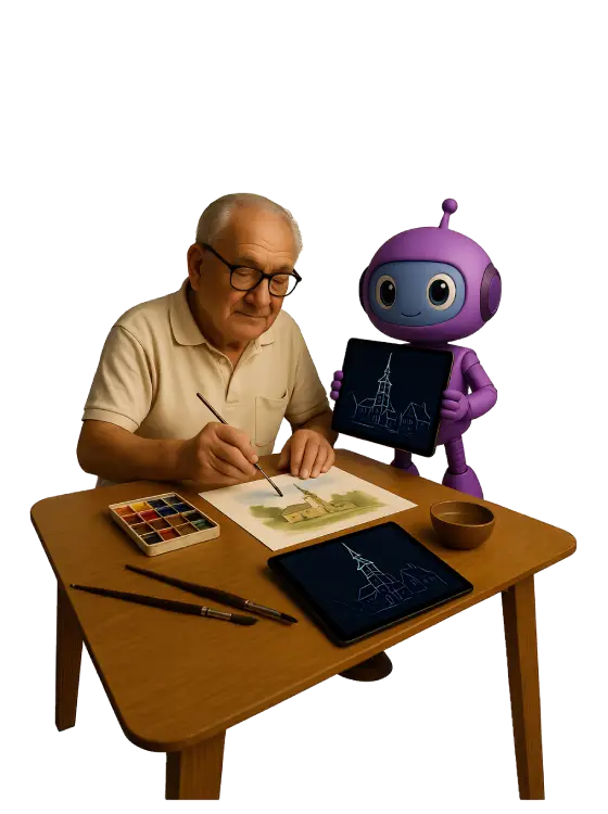 Ein älterer Mann zeichnet an einem Tisch, während ein Roboter mit einem Tablet neben ihm steht.